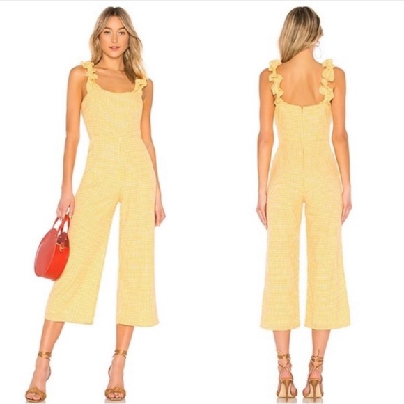 LOVERS + FRIENDS YELLOW GINGHAM JUMPSUIT W/ RUFFLED STRAPS - Picture 3 of 10
